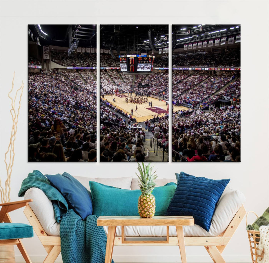 The Nebraska Basketball Arena Wall Art Canvas features an arena filled with Cornhuskers fans and players beneath a scoreboard.