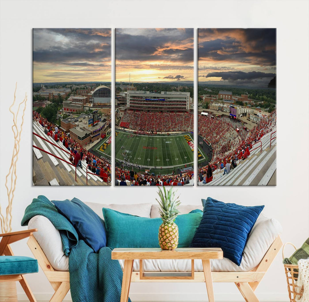 The University of Maryland Terrapins Football Team Print features SECU Stadium at sunset with vibrant skies.