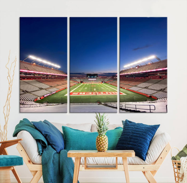 A large SHI Stadium at dusk, ideal for a Rutgers Scarlet Knights Football Team canvas print.