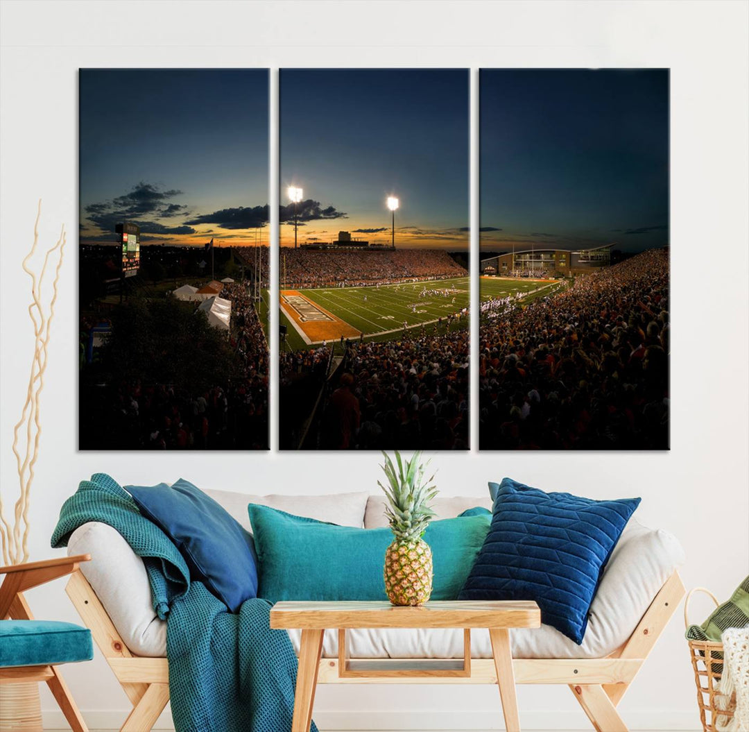 Ball State Cardinals Football Team Print - Muncie Scheumann Stadium Canvas featuring a sunset, floodlights, and lively crowd.