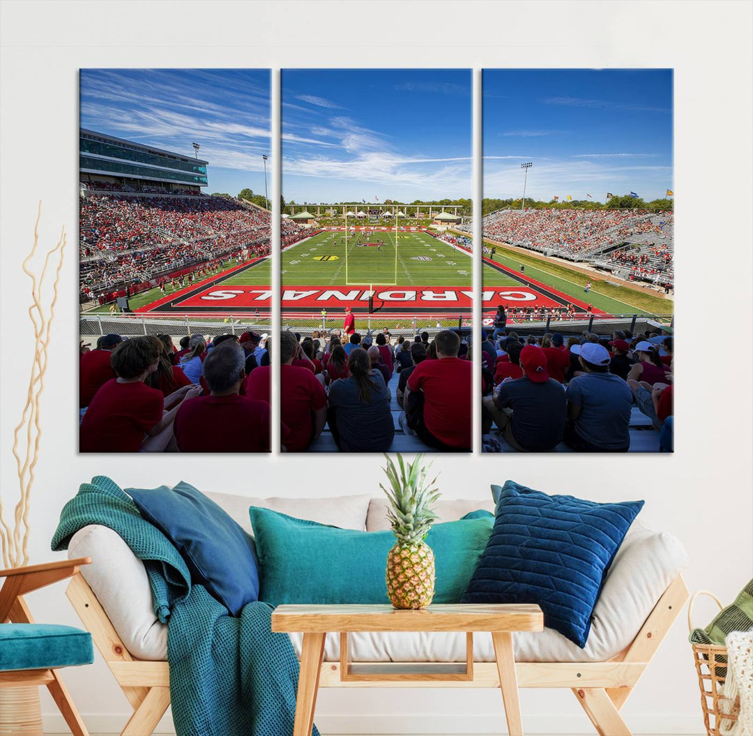 The Ball State Cardinals wall art on canvas depicts fans in red at Scheumann Stadium.