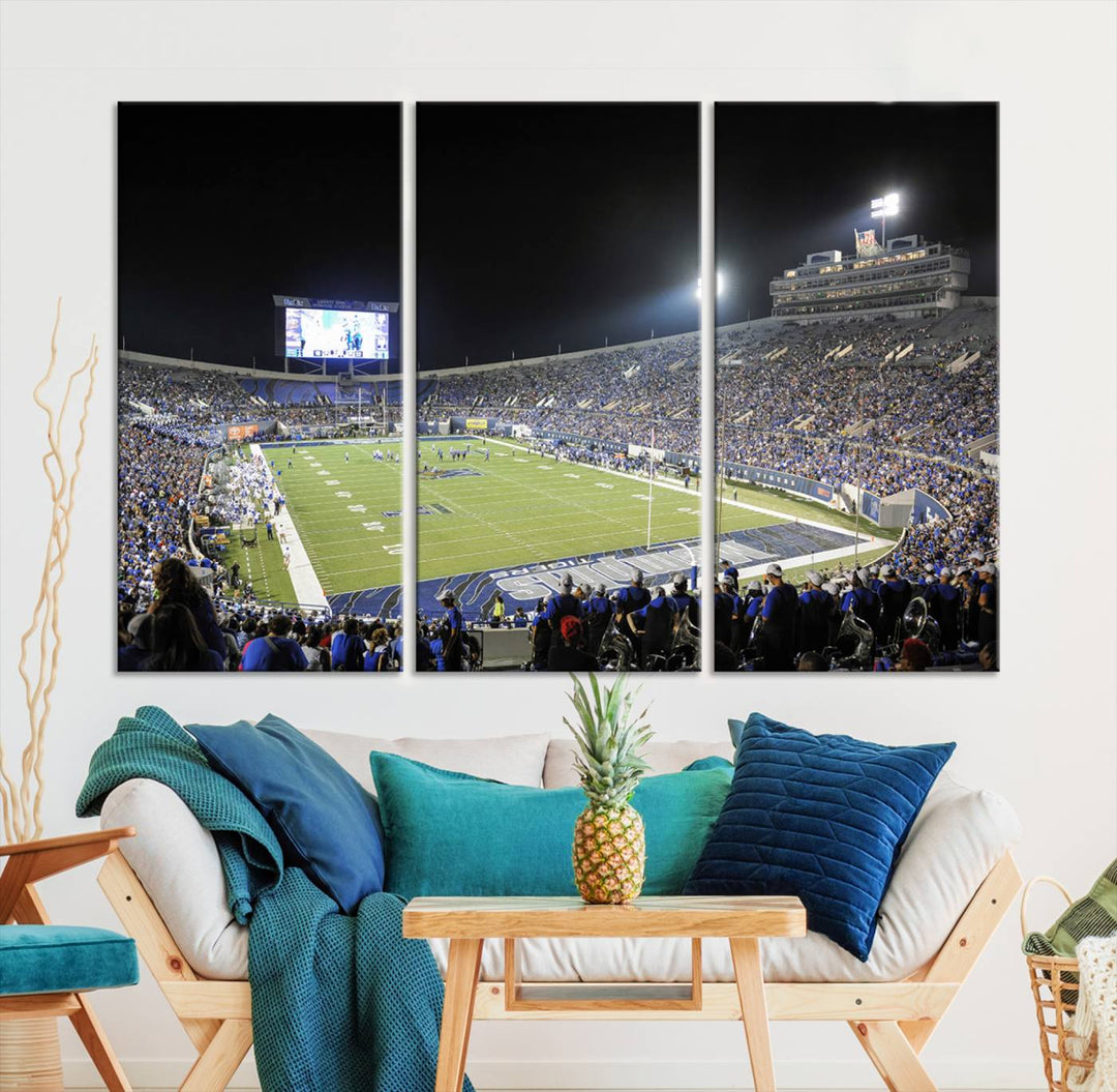 A vibrant depiction of Liberty Stadium at night, highlighting a Tigers football game on the large screen with stands filled with enthusiastic fans.