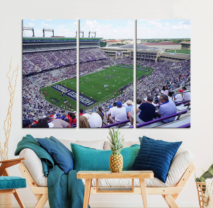 Amon G. Carter Stadium wall art canvas showcasing the TCU Horned Frogs and packed stands at Fort Worth.