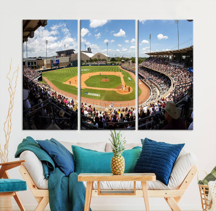 A baseball stadium under a blue sky, capturing the energy of The Texas A&M Aggies Athletics Kyle Field Wall Art.