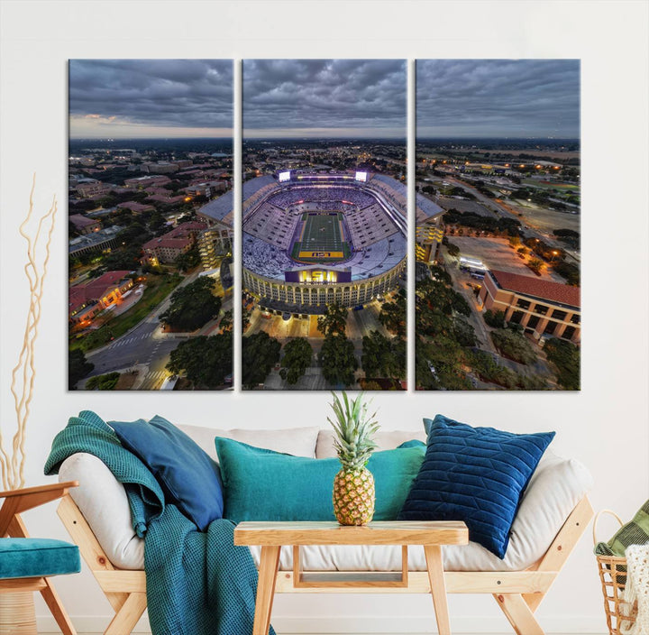 The LSU Tigers Football Team Baton Rouge Tiger Stadium Canvas is displayed prominently, capturing attention with its vivid depiction of the iconic stadium.