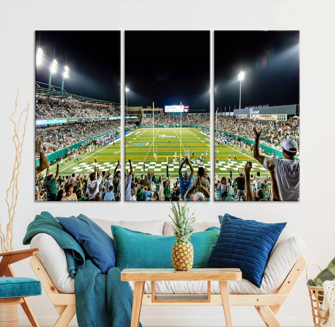 This vibrant wall art canvas print captures the excitement of fans cheering for the Tulane Green Wave Football Team under the lights of Yulman Stadium.