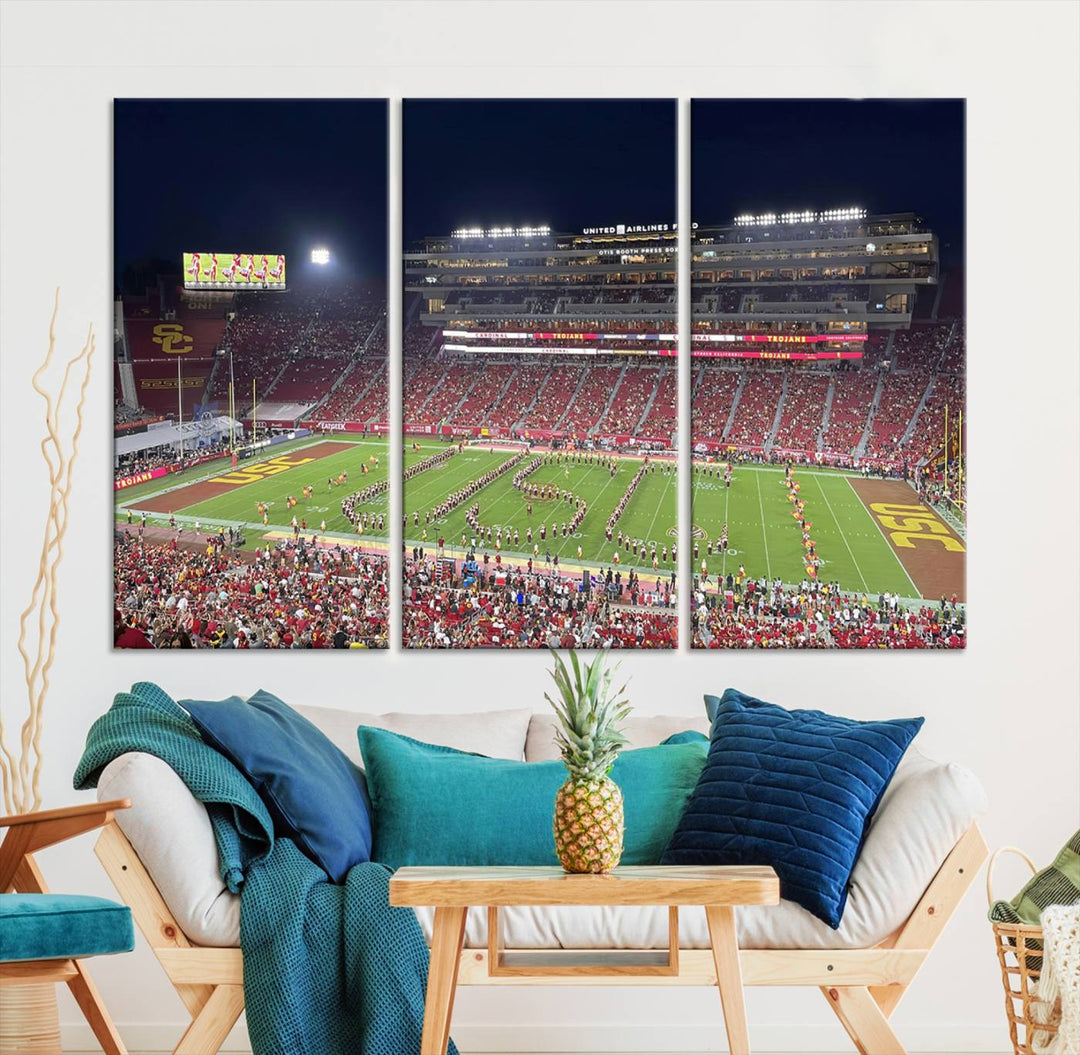 Canvas print depicting a packed stadium at night with a marching band forming USC, celebrating the Trojans at Los Angeles Memorial Coliseum.