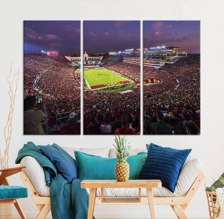 The vibrant wall art canvas print captures the USC Trojans playing under lights at dusk in LA Memorial Coliseum.