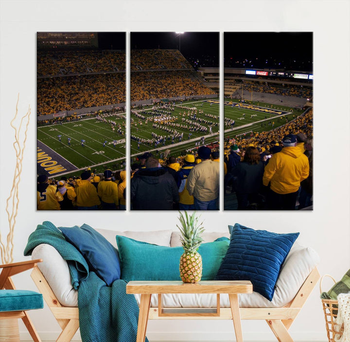 West Virginia Uni Mountaineers Football Team Print - Milan Puskar Stadium Canvas Print Wall Art, Morgantown Print