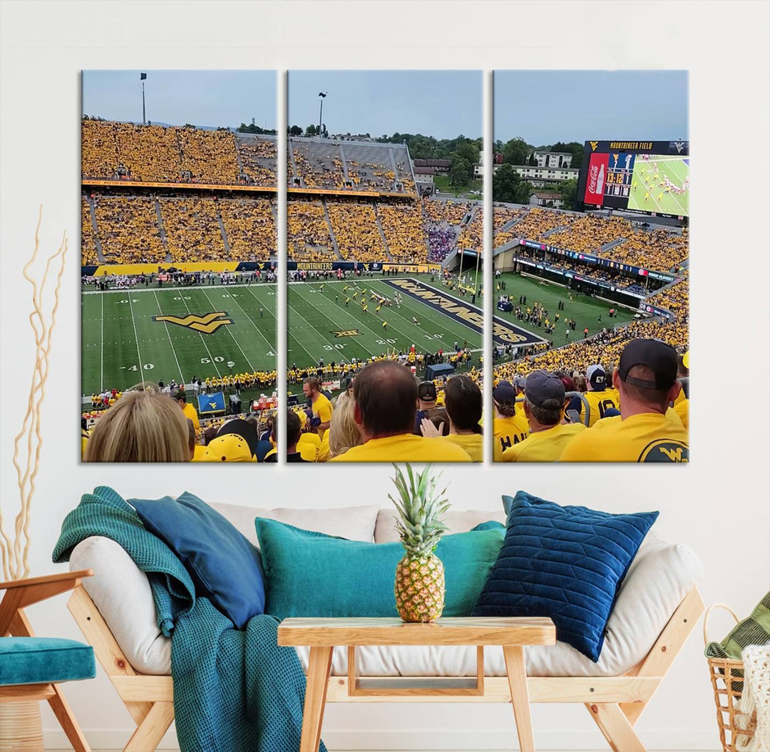 A Puskar Stadium canvas print decorates the modern living room shelf.