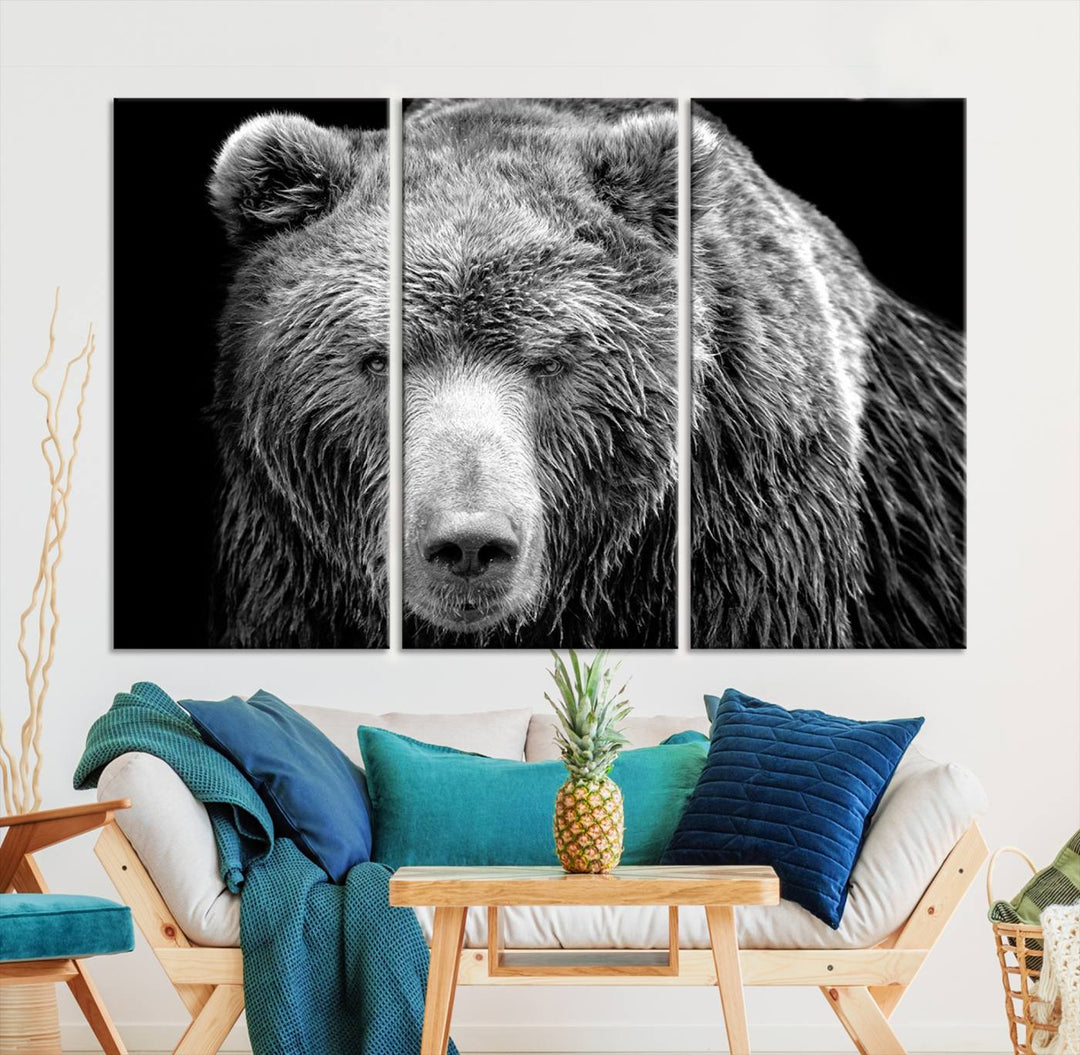 The 399 Grizzly Bear Canvas Print is displayed prominently on a wall in a modern living room.