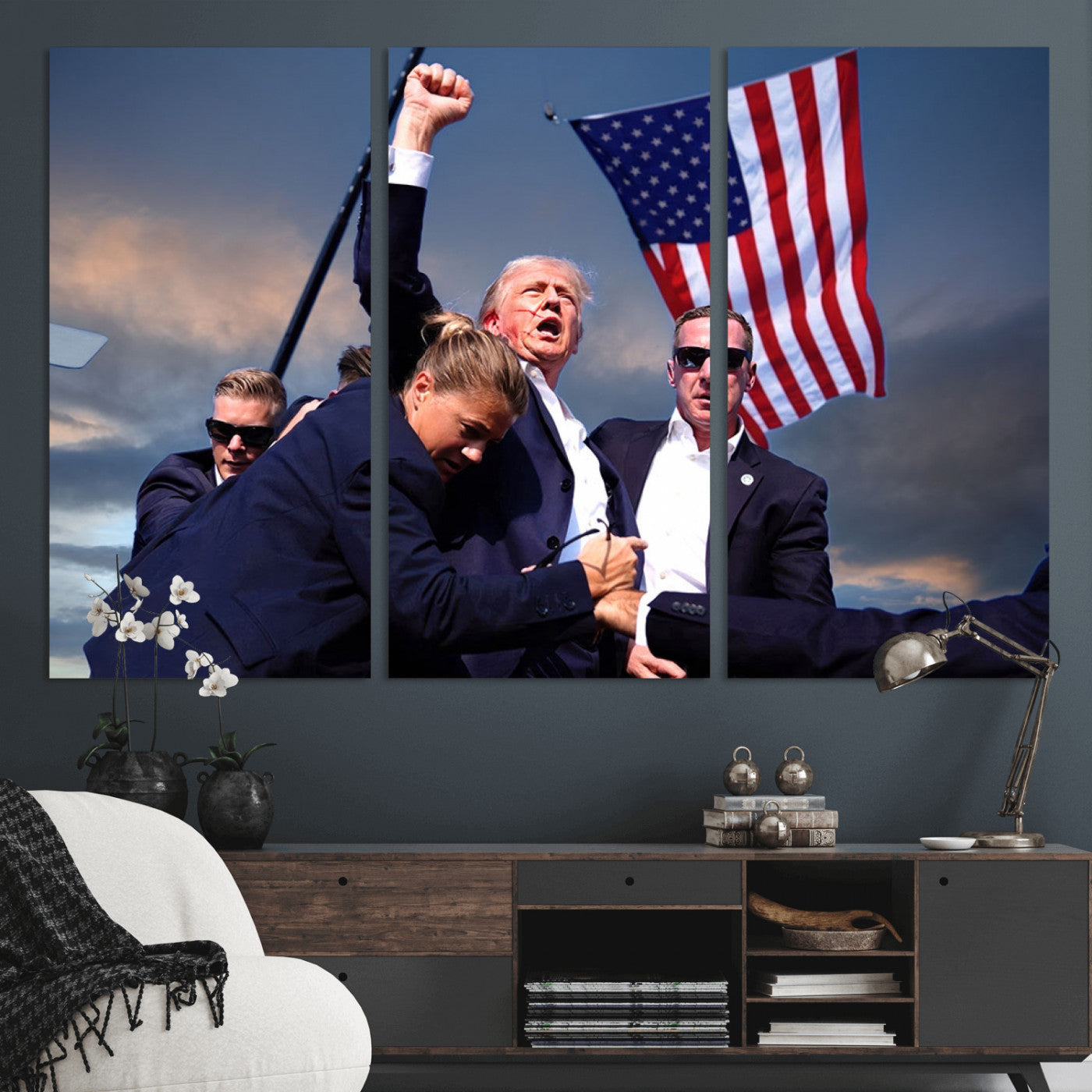 MGV-CV-48X32-3P - Donald Trump Assassination Attempt Wall Art Print, Trump Historic Footage - Iconic Reaction by Trump