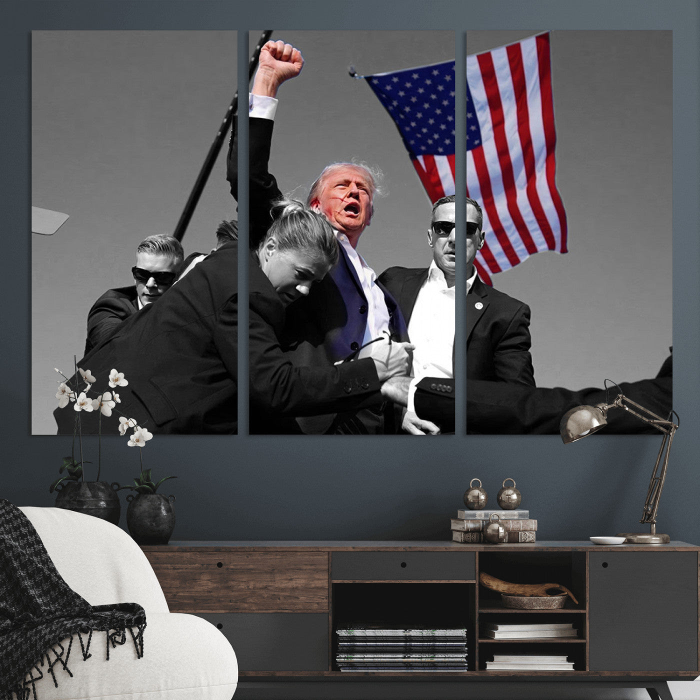 MGV-CV-48X32-3P - Donald Trump Assassination Attempt Wall Art Print, Trump Historic Footage - Iconic Reaction by Trump