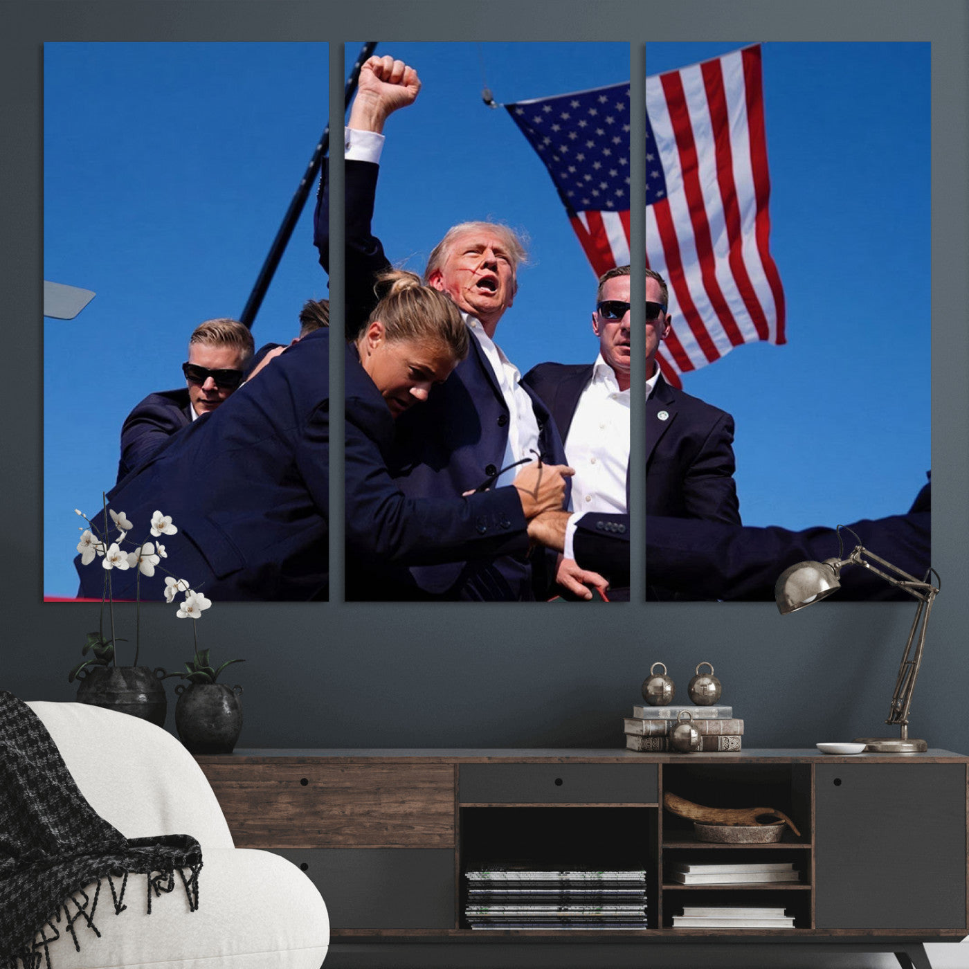 MGV-CV-48X32-3P - Donald Trump Assassination Attempt Wall Art Print, Trump Historic Footage - Iconic Reaction by Trump