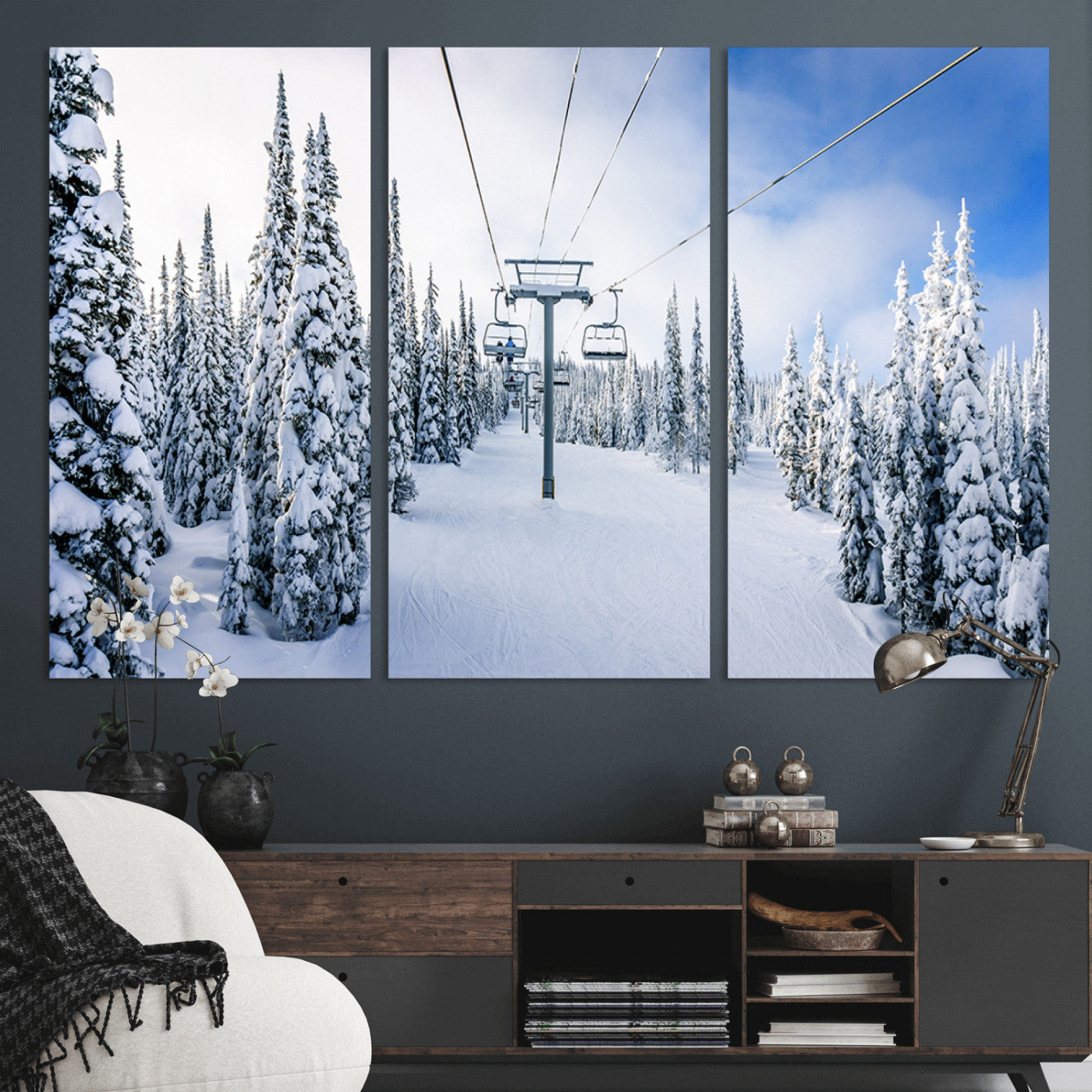 MGV-CV-48X32-3P - Winter Ski Lift Wall Art Print - Landscape Wall Art | Snowy Mountain Adventure | Perfect for Cabin