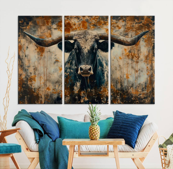 Abstract Longhorn Bull Wall Art | Rustic Western Wall Decor | Framed and Ready to Hang | Ideal for Farmhouse, Lodge, and Barn Decor