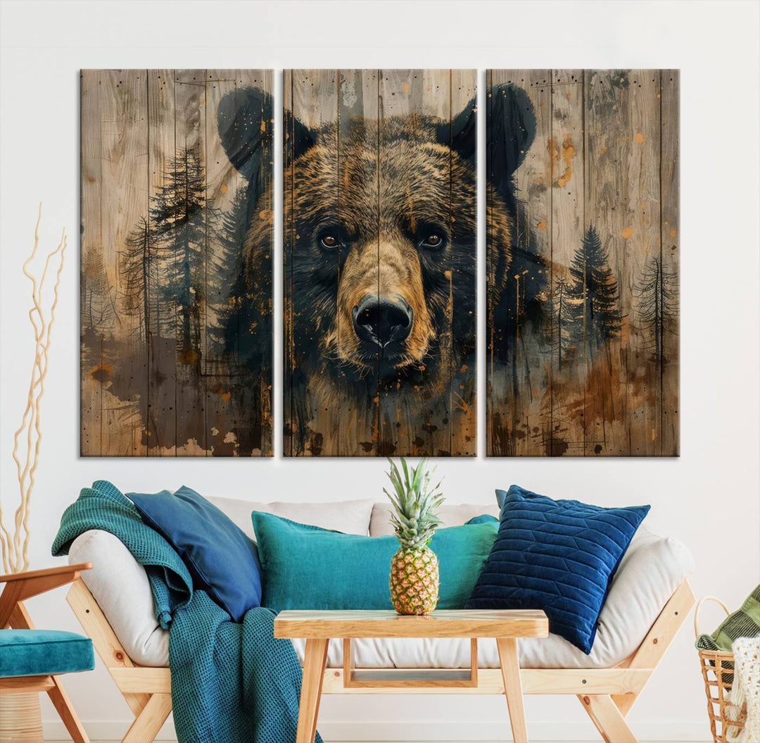 The Abstract 399 Bear Wall Art, featuring a rustic cabin theme with forest design, is framed and ready to hang. It's ideal for lodge, cabin, and barn decor and perfectly complements the nature lover's aesthetic.