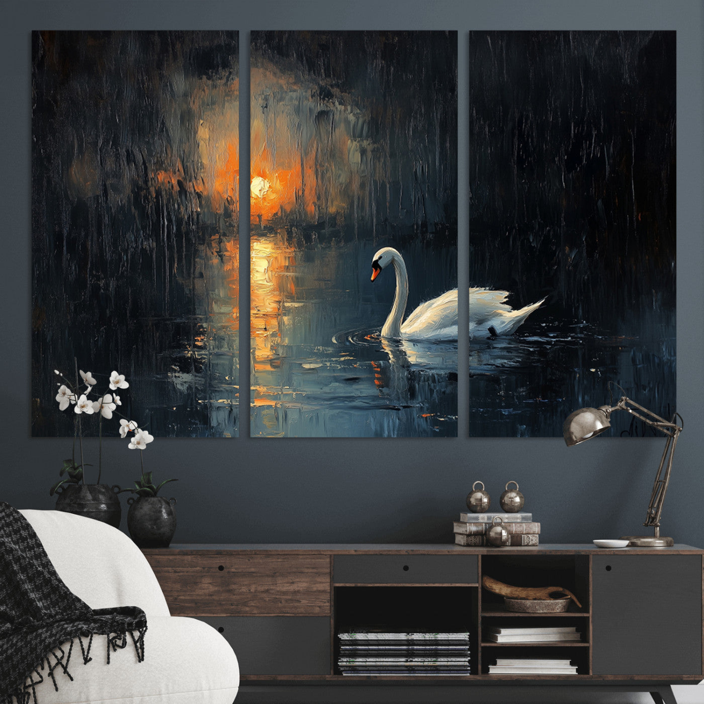 MGV-CV-48X32-3P - Abstract Swan on Water Wall Art Canvas Print - Elegant Nature Scene for Modern Home Decor