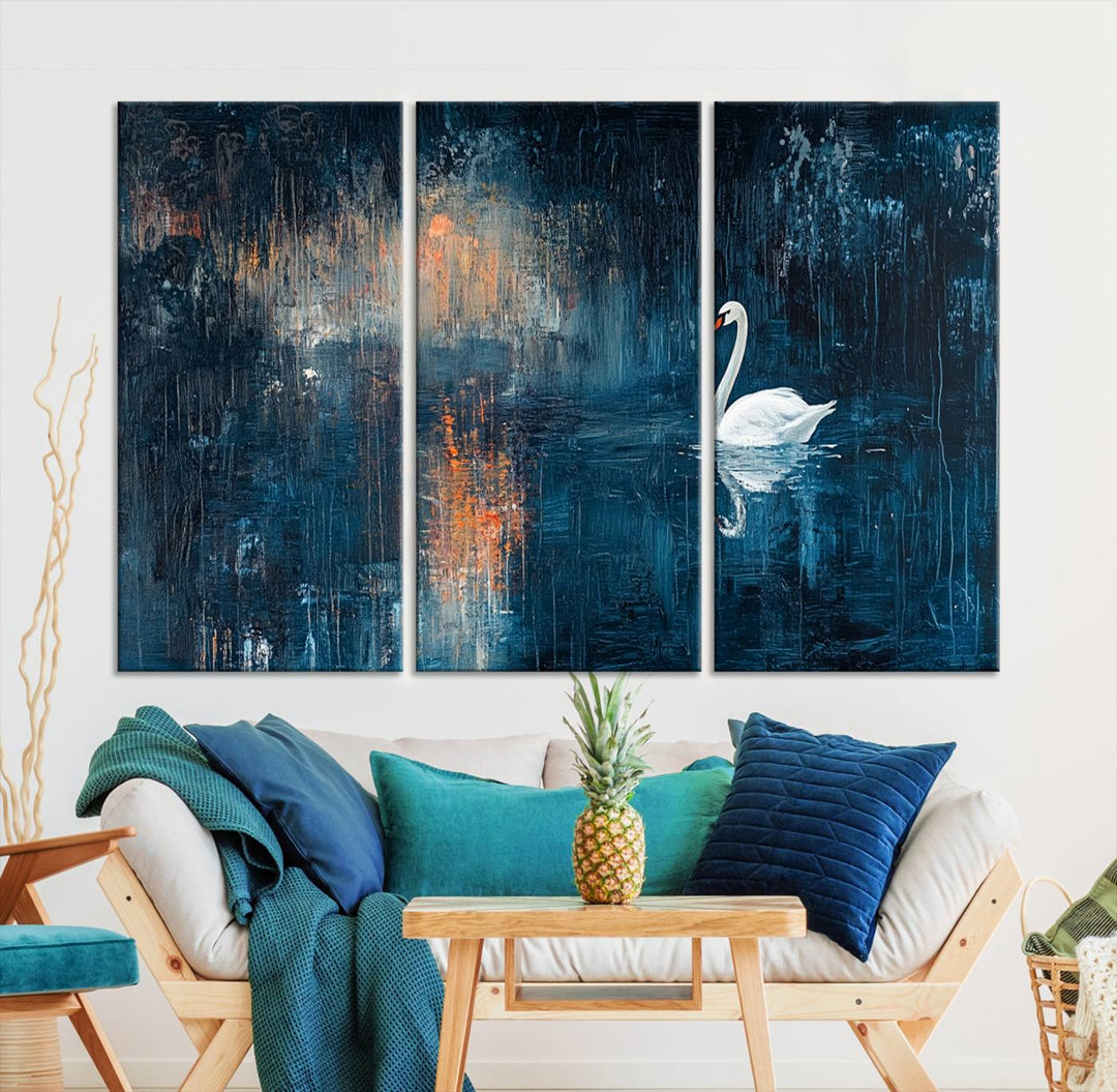 Abstract Swan Wall Art | Moody Blue and Orange Swan Painting on Canvas | Framed and Ready to Hang | Elegant and Modern Art for Living Room or Bedroom Decor