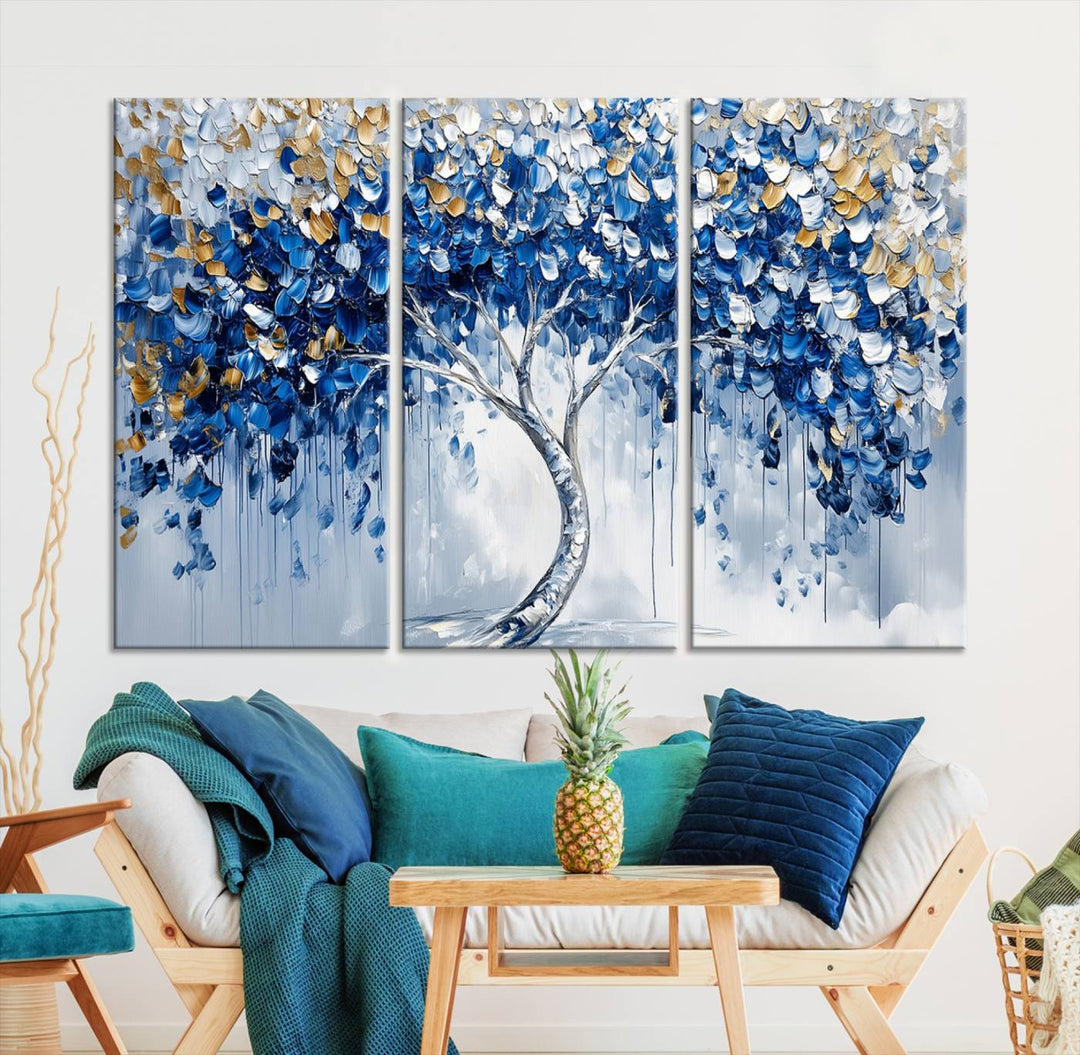 Elegant Blue and Gold Abstract Tree Wall Art | Textured Modern Tree of Life Painting | Framed Canvas Print | Ready to Hang for Dining Room Decor