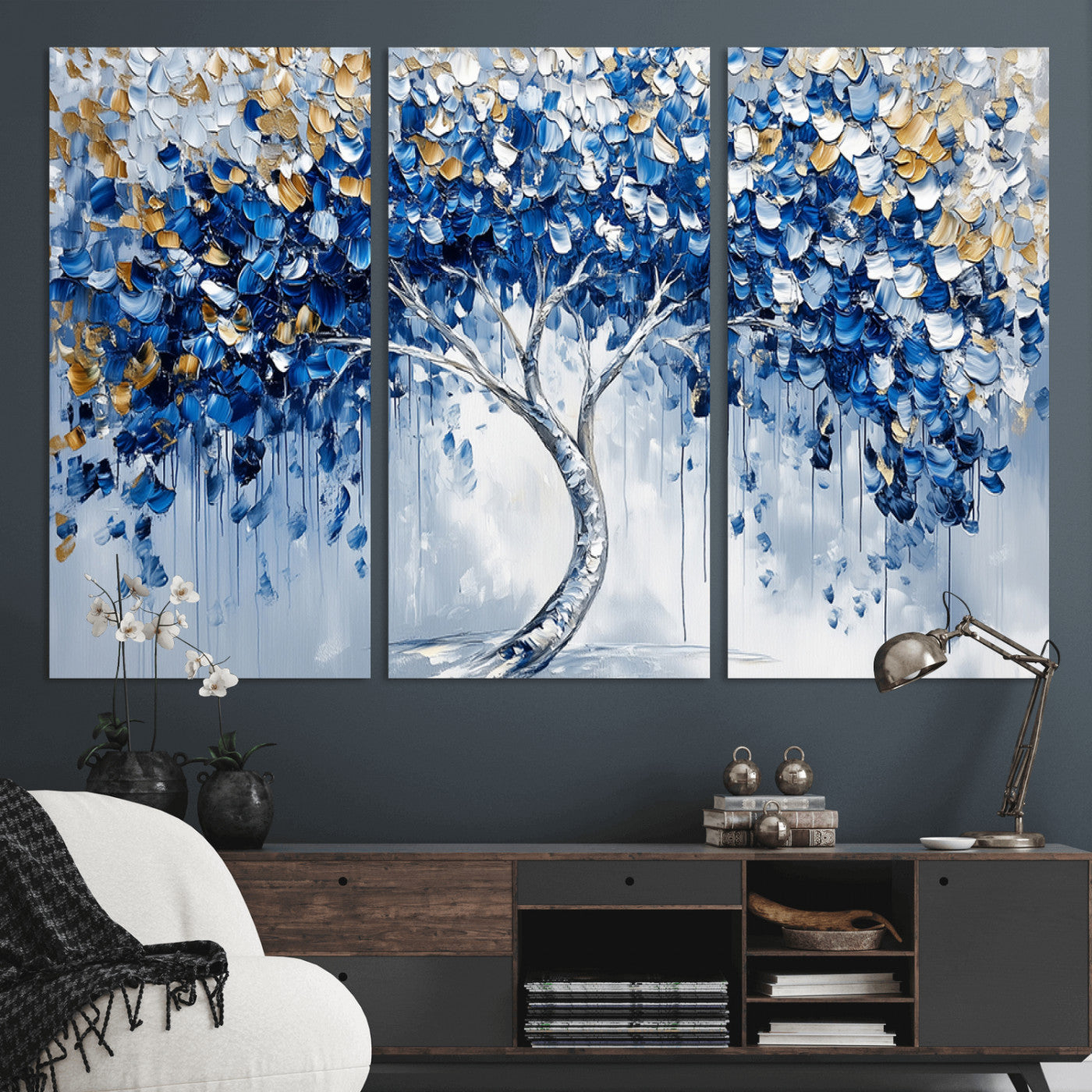 MGV-CV-48X32-3P - Blue and Gold Abstract Tree Wall Art Canvas Print | Modern Tree of Life Painting | Framed Canvas