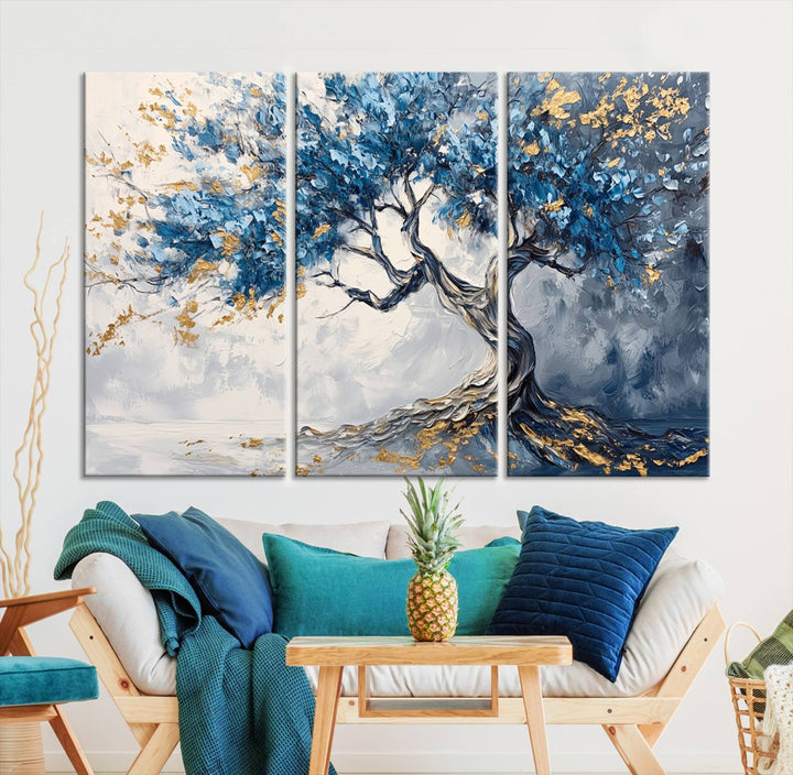 Elegant Abstract Tree Canvas Wall Art | Tree of Life Painting | Textured Art in Blue and Gold | Framed & Ready to Hang for Modern Living Room Decor