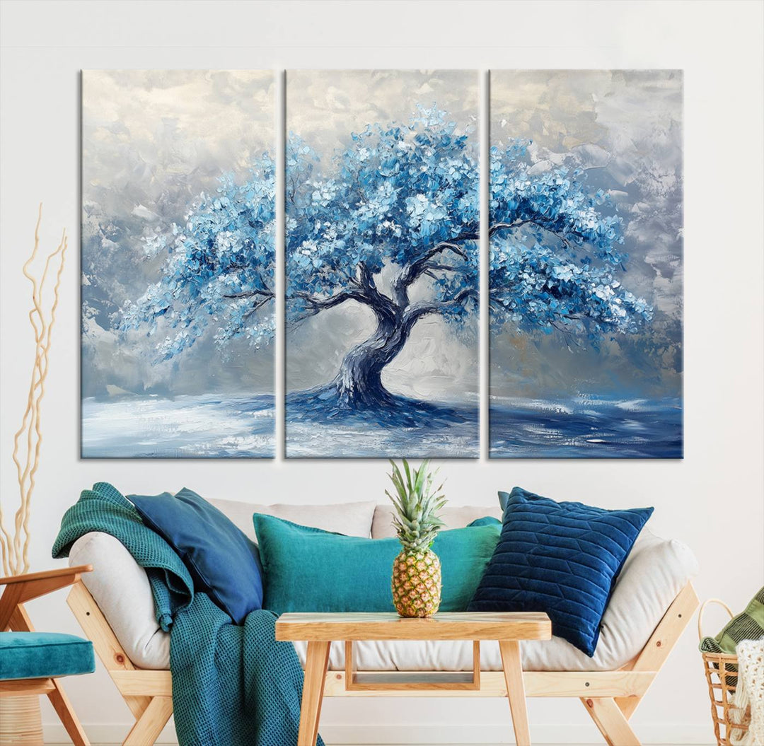 Serene Abstract Blue Tree Wall Art | Canvas Print of a Majestic Tree in Blue Hues | Perfect for Farmhouse, Coastal, and Modern Decor