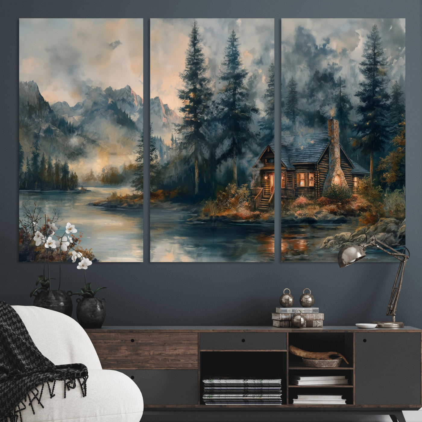 MGV-CV-48X32-3P - Rustic Cabin Woods Wall Art Print | Lake in a Forest Canvas Print | Cabin, Lodge, and Farmhouse