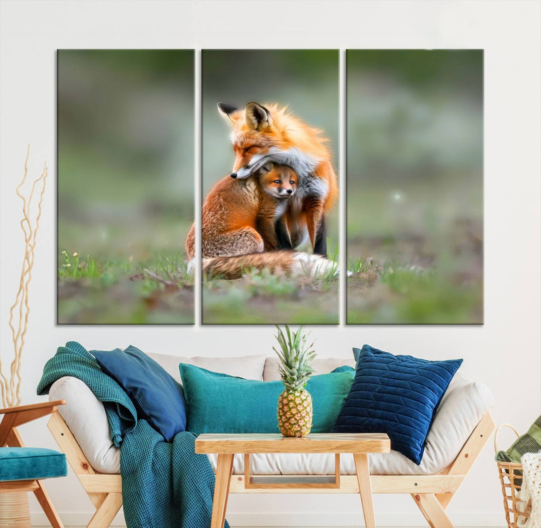 Heartwarming Fox and Baby Cub Wall Art | Ready to Hang Canvas Print of Foxes in Nature | Perfect for Animal Lovers, Rustic Decor, and Cabin Wall Art