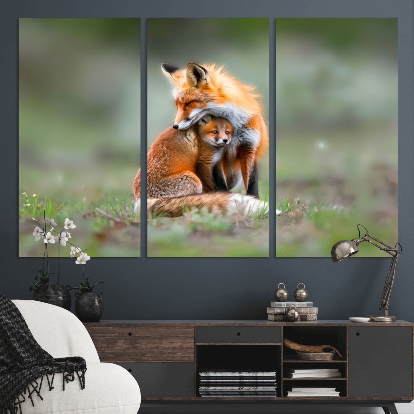 MGV-CV-48X32-3P - Heartwarming Fox and Baby Cub Wall Art | Ready to Hang Canvas Print of Foxes in Nature | Perfect for