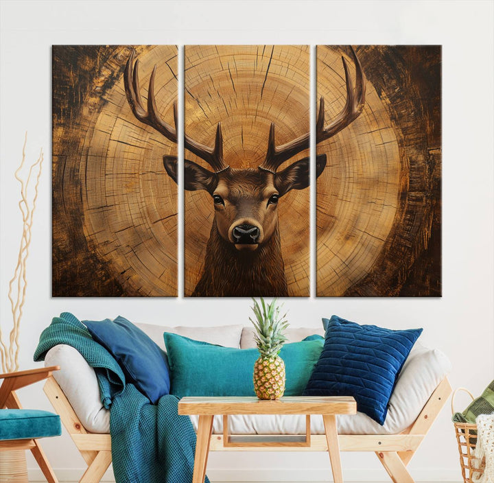 Deer Wall Art Canvas Print | Ready to Hang Canvas Print of a Stag with Rustic Tree Rings | Perfect for Farmhouse Wall Decor, Cabin Wall Art