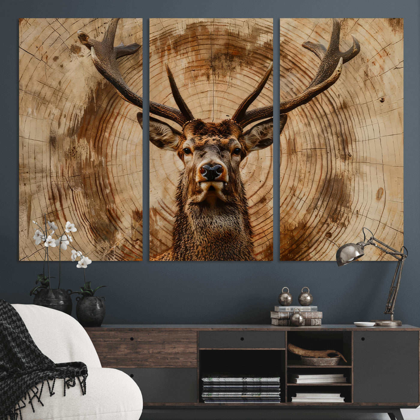 MGV-CV-48X32-3P - Wood Abstract Deer Wall Art | Rustic Wildlife Canvas Print | Ready to Hang Stag Head Triptych for