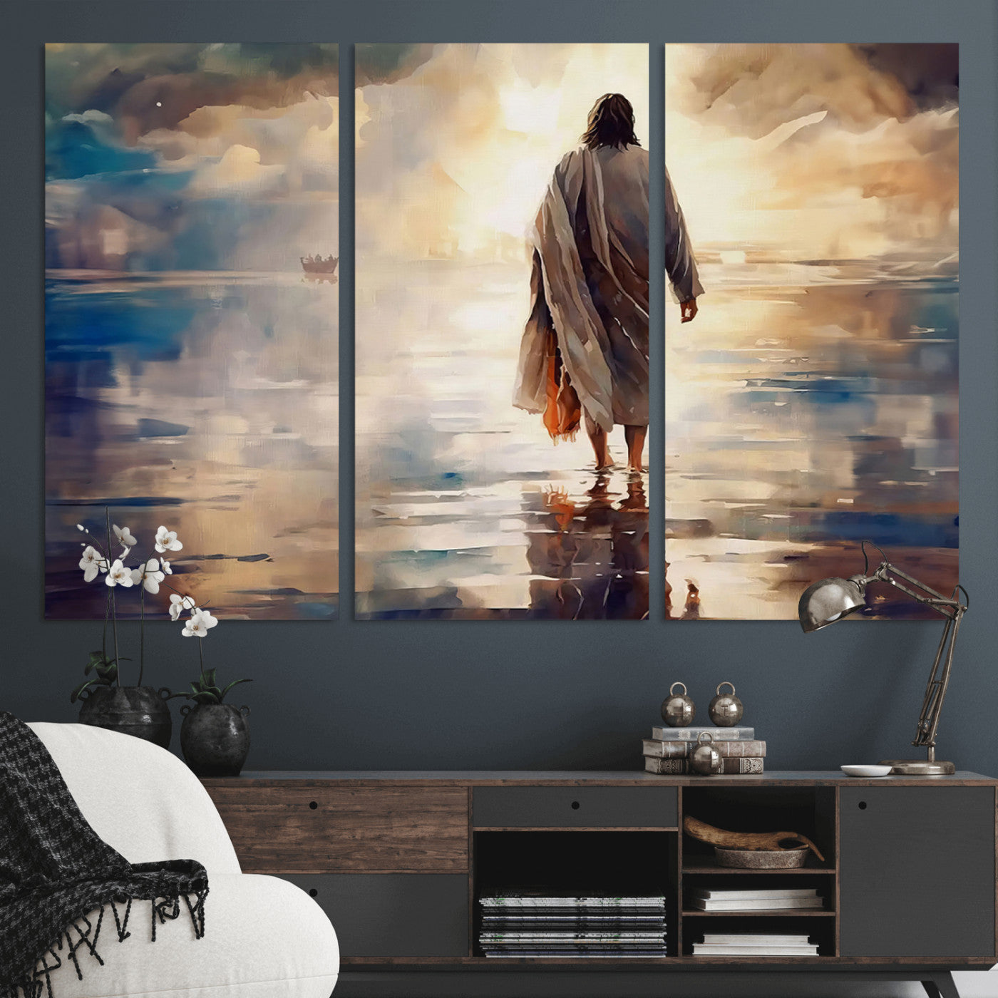 MGV-CV-48X32-3P - Jesus Walking on Water Wall Art | Ready to Hang Spiritual Triptych Canvas Print | Inspirational