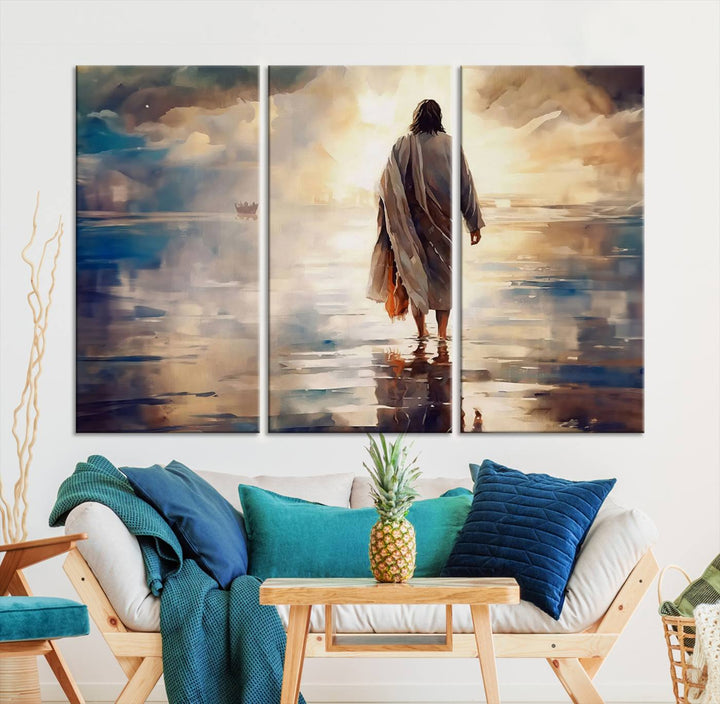 Jesus Walking on Water Wall Art | Ready to Hang Spiritual Triptych Canvas Print | Inspirational Christian Decor for Home or Church