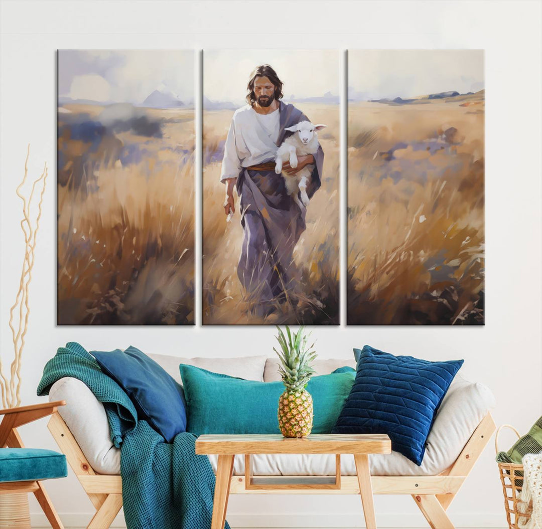 Jesus the Good Shepherd Wall Art Canvas Print - Lost Lamb  Print for Prayer Room Decor