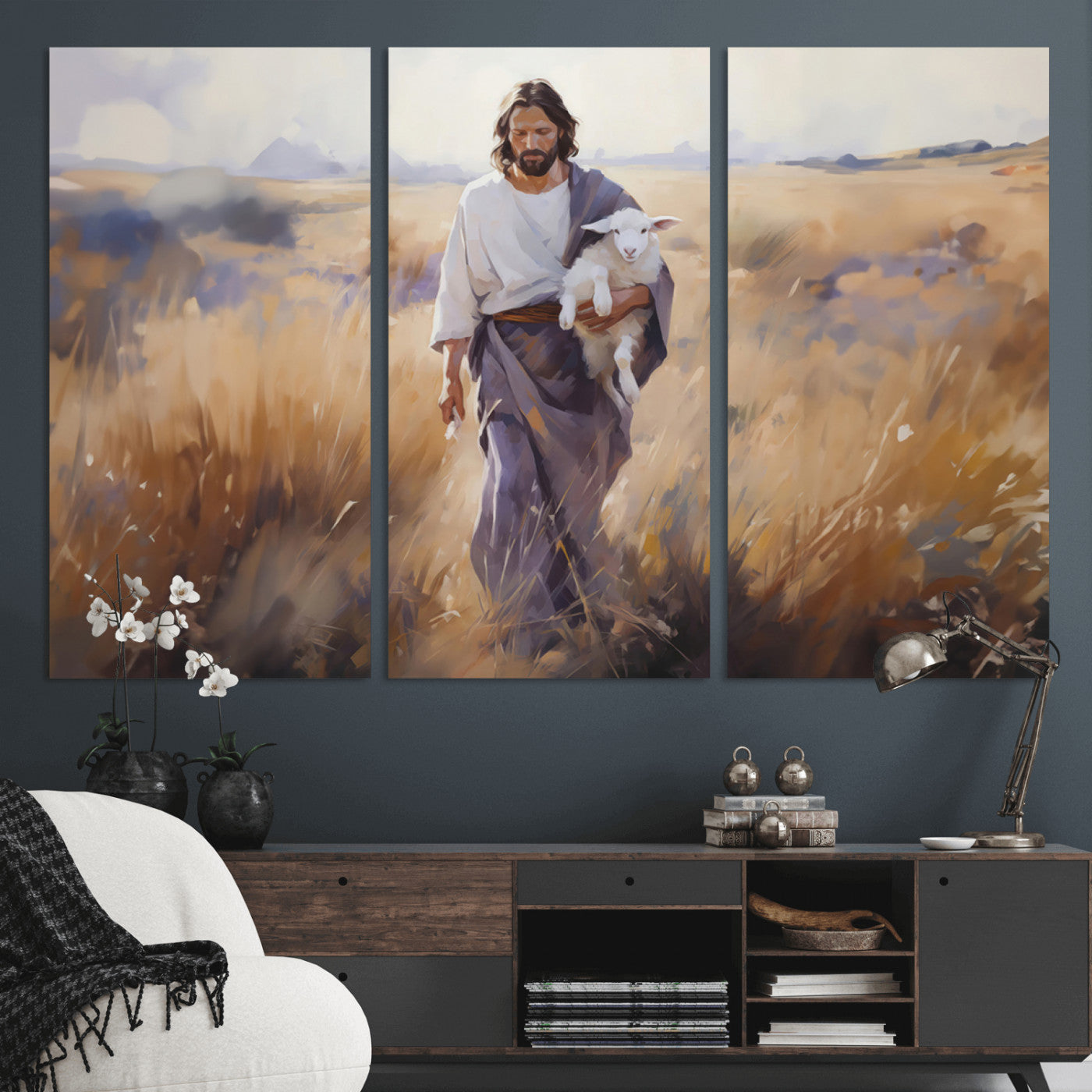 MGV-CV-48X32-3P - Jesus the Good Shepherd Wall Art Canvas Print - Lost Lamb Print for Prayer Room Decor