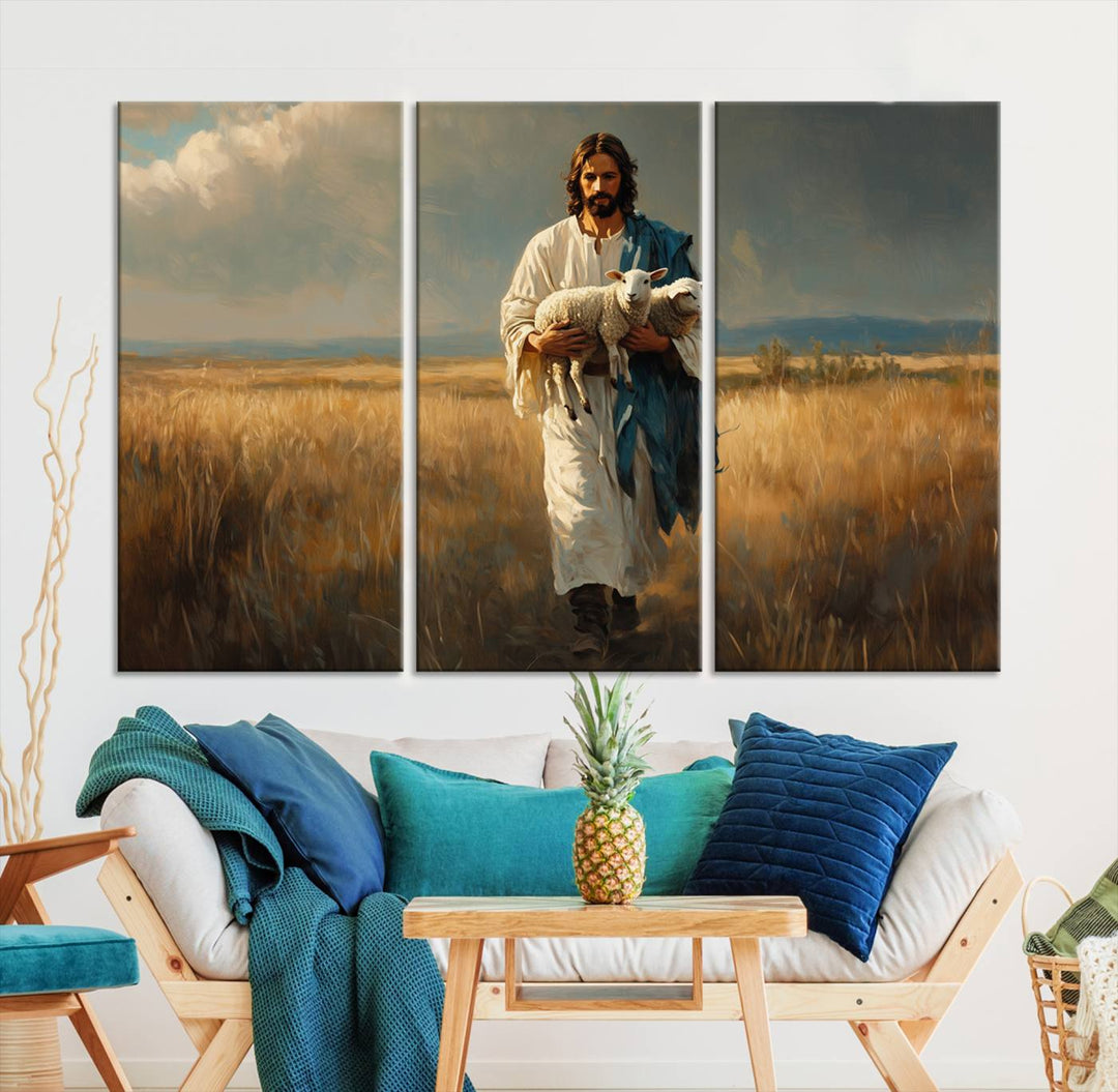 Jesus Shepherd Wall Art | Ready to Hang Triptych Canvas of Jesus Holding a Lamb in a Field | Inspirational Christian Decor for Home