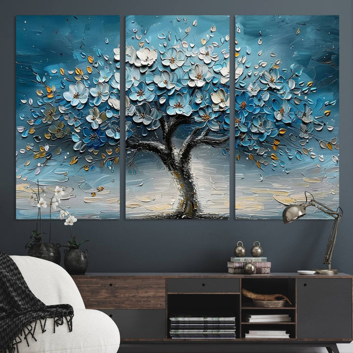 Abstract Blooming Tree Wall Art Print features blue, white, and gold textures on museum-quality canvas, perfect for modern decor.