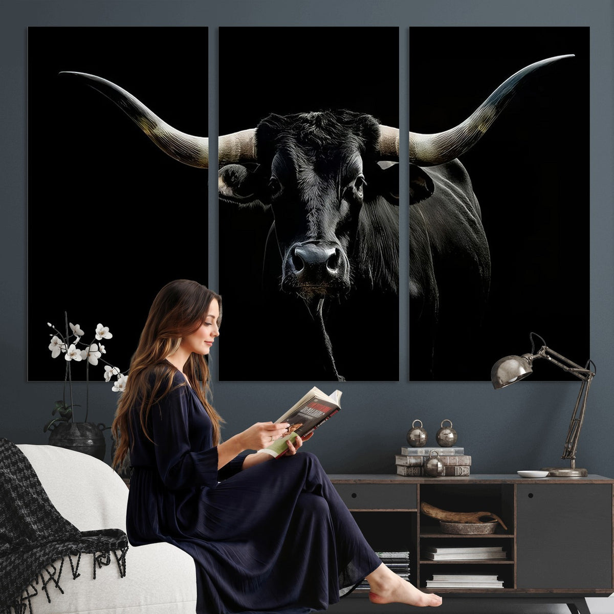20679-MGV-CV-24X16 - Texas Black Longhorn Bull Wall Art Canvas Print, Western Cattle Rustic Decor