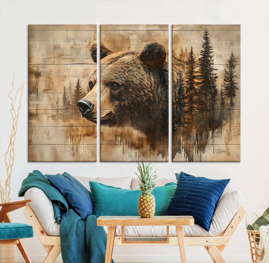 Abstract Rustic Grizzly Bear Wall Art Canvas Print - Woodland Wildlife Forest Print for Farmhouse Decor