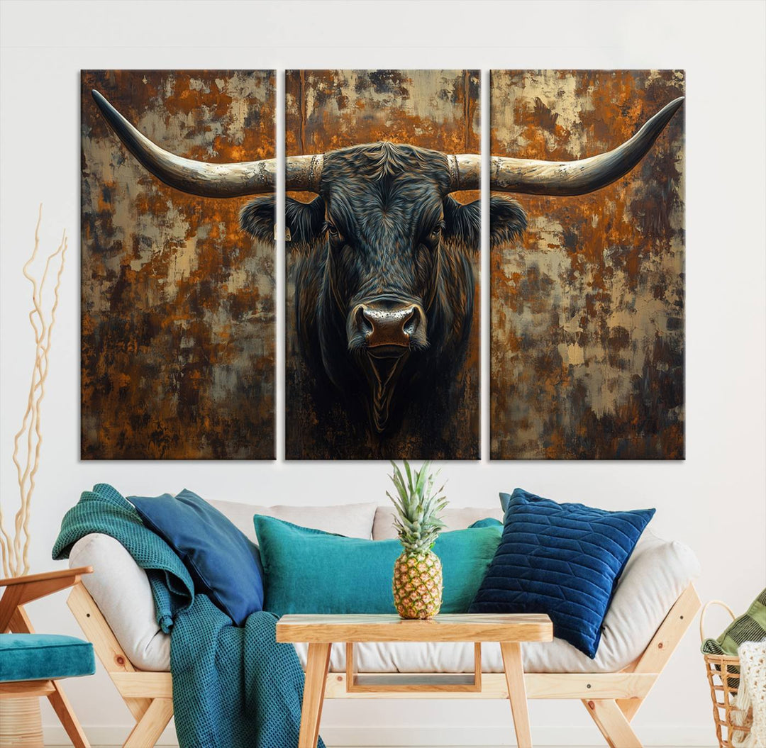 Abstract Longhorn Texas Bull Wall Art | Rustic Farmhouse Canvas Print | Ready to Hang Barn Decor for Farmhouse and Cabin Style