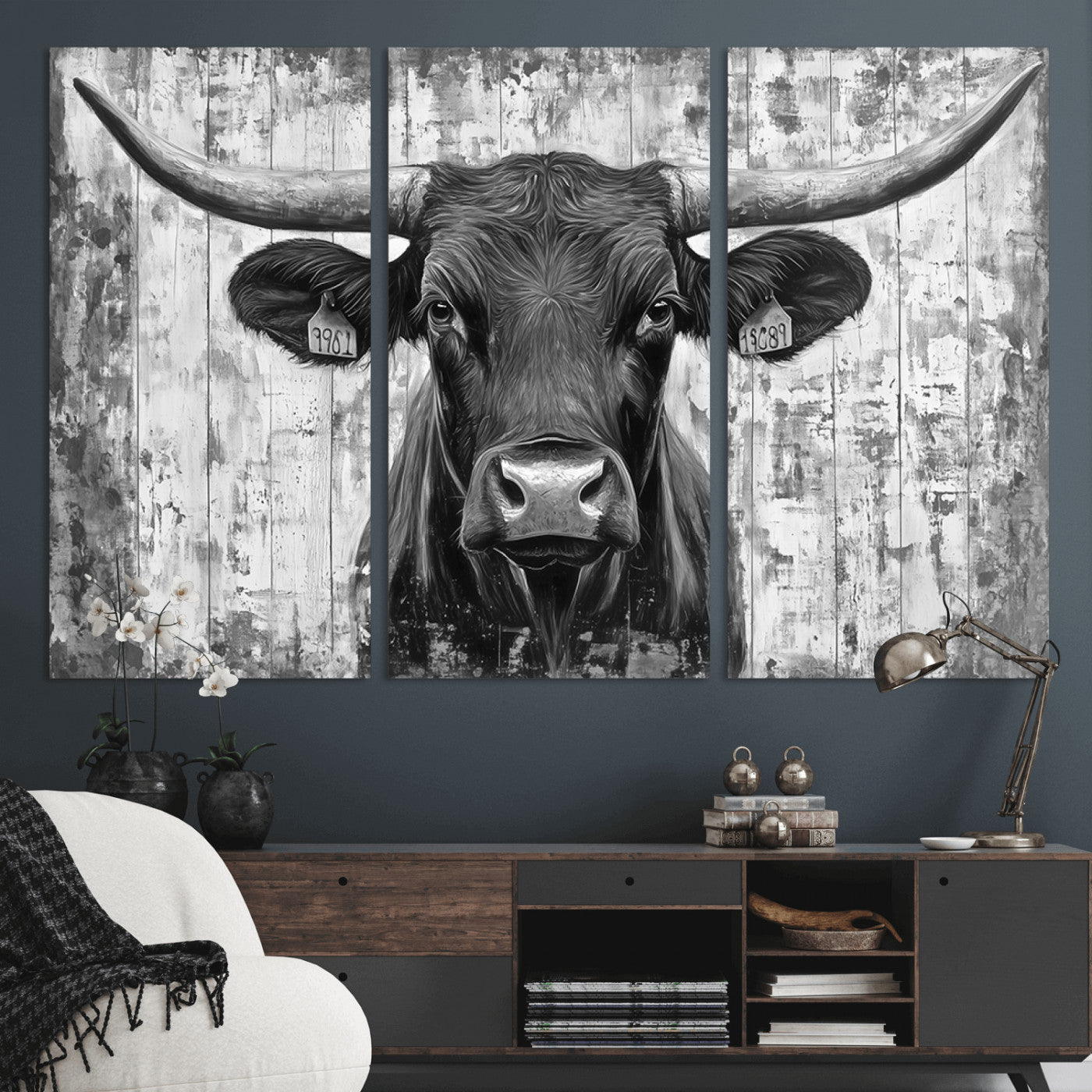 MGV-CV-48X32-3P - Abstract Longhorn Bull Wall Art Canvas Print - Rustic Texas Western Cow Artwork