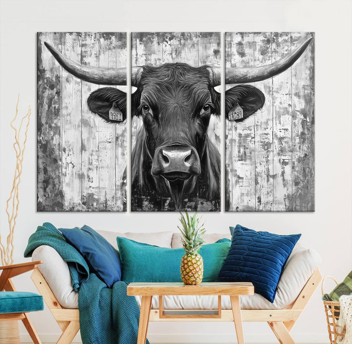 Abstract Longhorn Bull Wall Art Canvas Print - Rustic Texas Western Cow Artwork