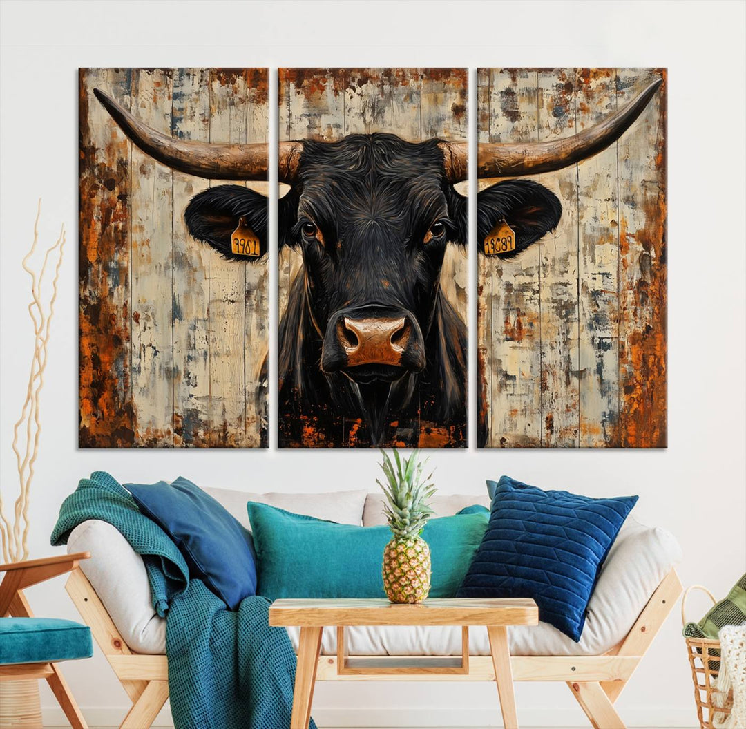 Abstract Cow Longhorn Bull Wall Art Canvas Print - Rustic Texas Western Cattle Artwork