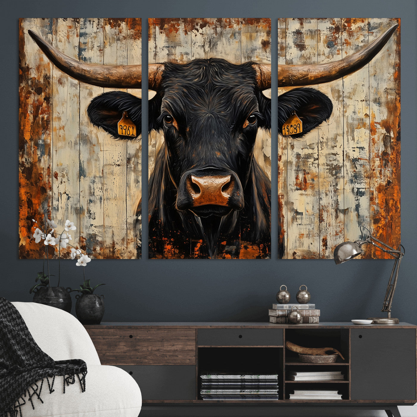 MGV-CV-48X32-3P - Rustic Texas Artwork Wall Art Canvas Print - Abstract Cow Longhorn Bull Wall Art Canvas Print