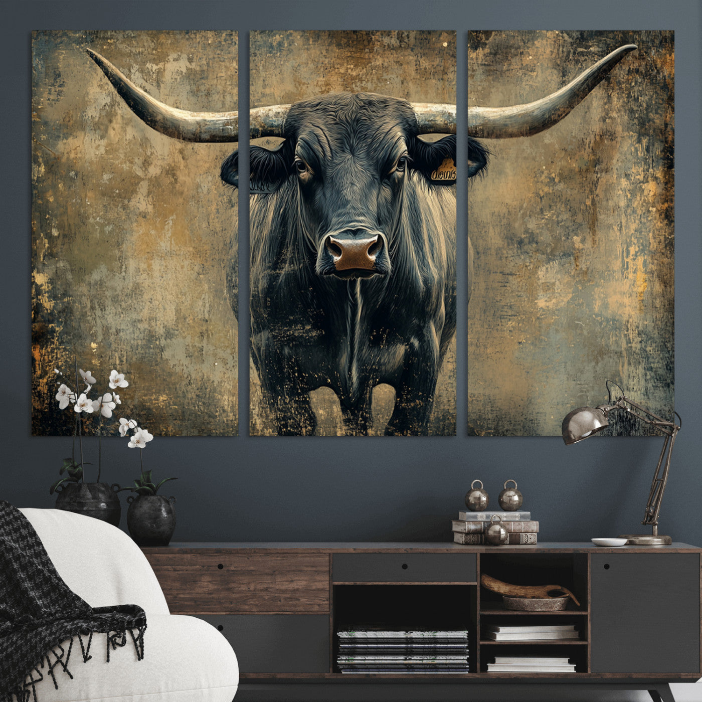 MGV-CV-48X32-3P - Longhorn Bull Wall Art Canvas Print, Framed Rustic Cow Art Picture Print, Texas Longhorn Perfect Western Decor Artwork