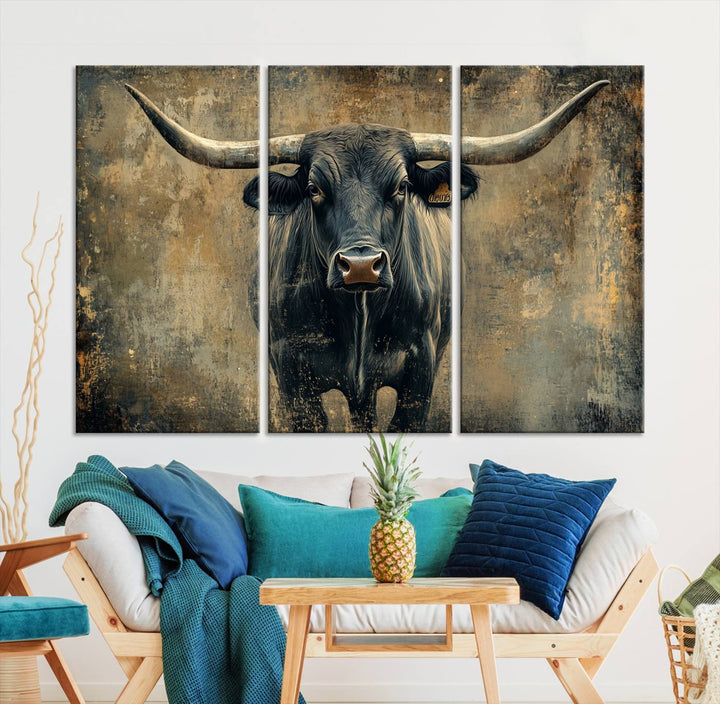 Abstract Cow Longhorn Bull Wall Art Canvas Print - Rustic Texas Western Cattle Artwork