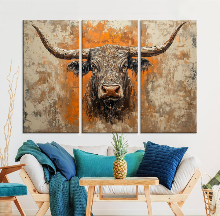 Abstract Cow Longhorn Bull Wall Art Canvas Print - Rustic Texas Western Cattle Artwork