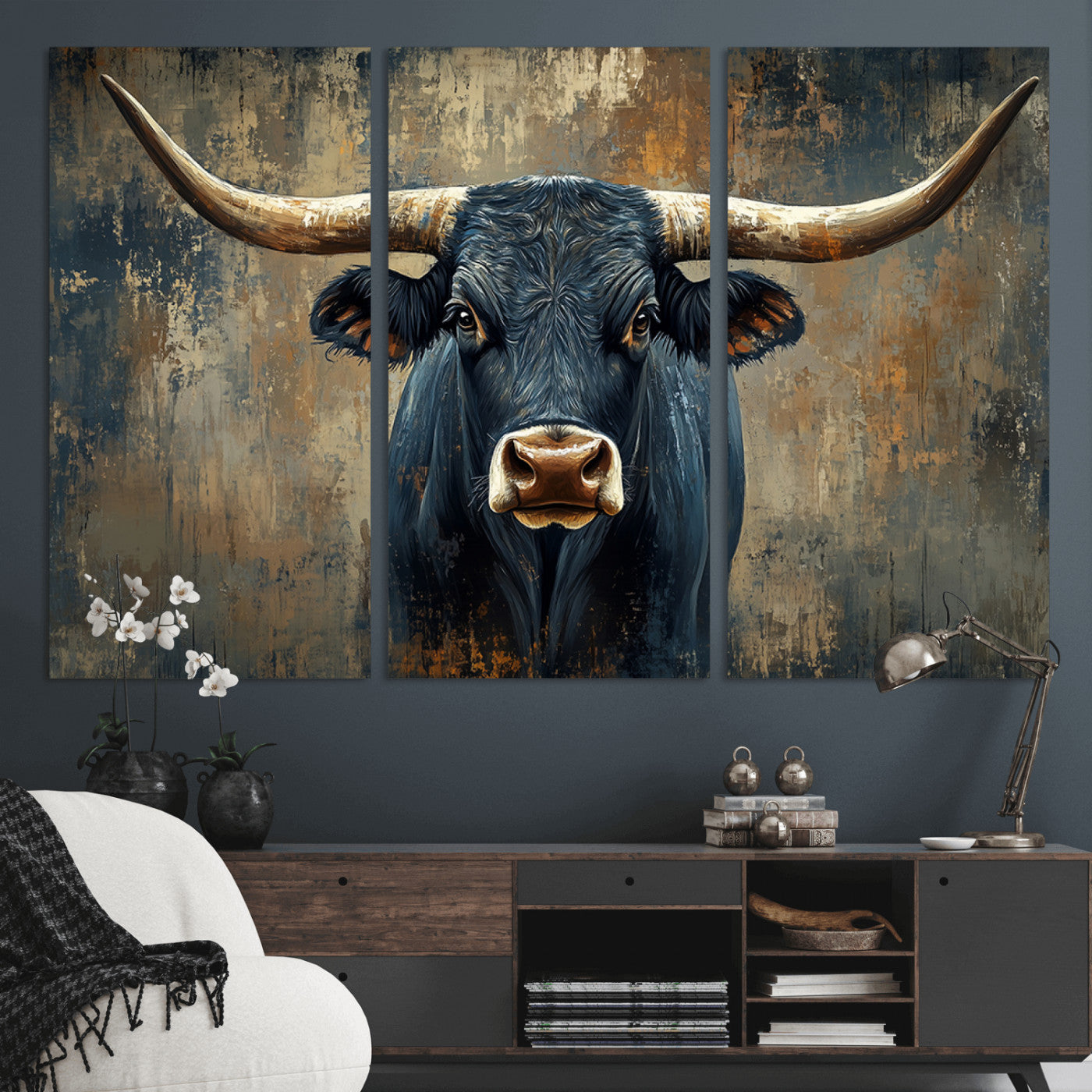 MGV-CV-48X32-3P - Texas Western Wall Art Canvas Print - Abstract Cow Longhorn Bull Wall Art Canvas Print - Rustic Cow