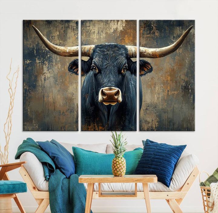 Abstract Cow Longhorn Bull Wall Art Canvas Print - Rustic Texas Western Cattle Artwork